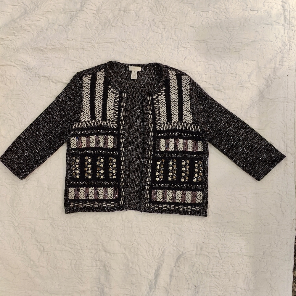 Chico Open Ornate Embellished Cardigan Sweater Blazer Jacket Size 1/Medium .